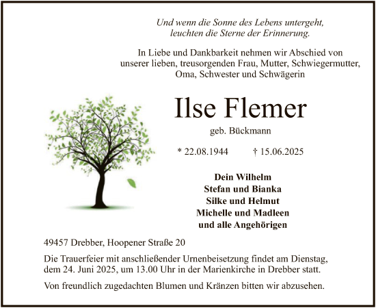 Todesanzeige von Ilse Flemer von SYKS