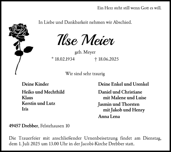 Todesanzeige von Ilse Meier von SYKS