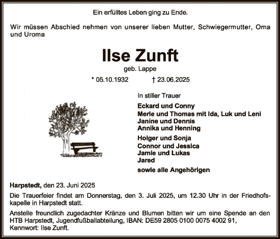 Todesanzeige von Ilse Zunft von SYKSSYWZ
