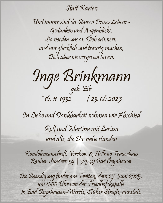 Todesanzeige von Inge Brinkmann von SYKS