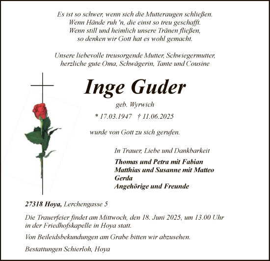 Todesanzeige von Inge Guder von SYKS