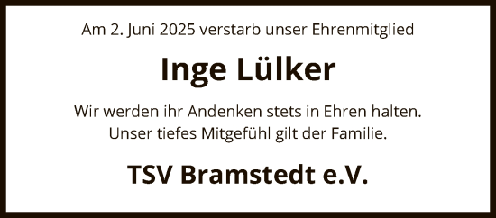 Todesanzeige von Inge Lülker von SYKS
