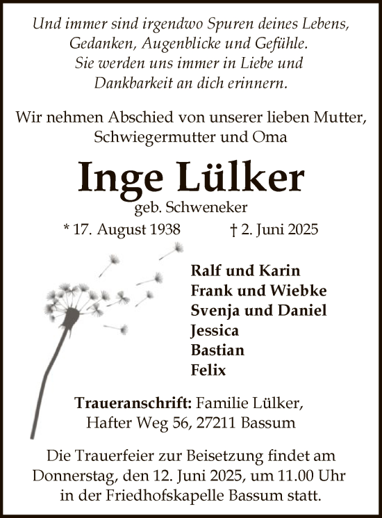 Todesanzeige von Inge Lülker von SYKS