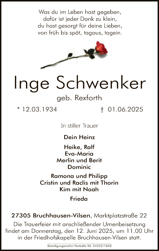 Todesanzeige von Inge Schwenker von SYKSSYKS