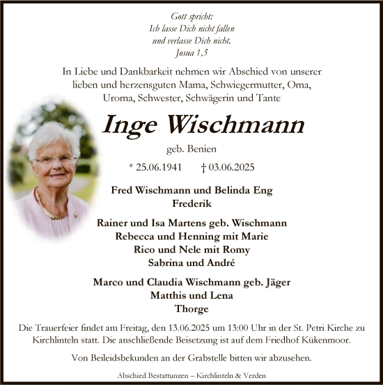Todesanzeige von Inge Wischmann von SYKS