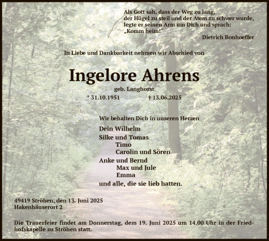 Todesanzeige von Ingelore Ahrens von SYKS