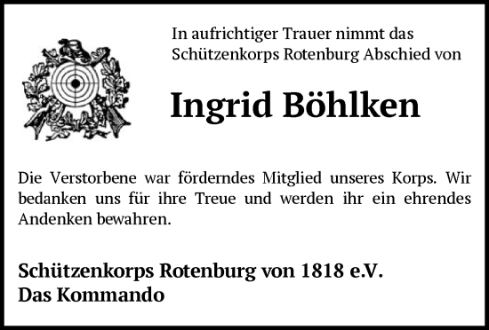 Todesanzeige von Ingrid Böhlken von SYKR