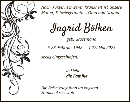Todesanzeige von Ingrid Bölken von SYKR