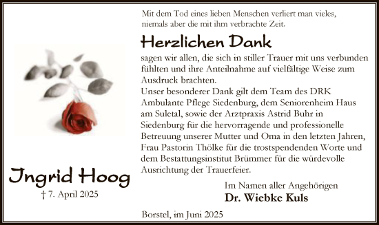 Todesanzeige von Ingrid Hoog von SYKS