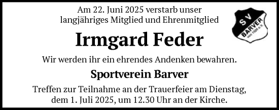 Todesanzeige von Irmgard Feder von SYKS