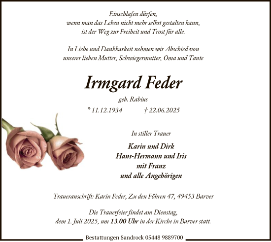 Todesanzeige von Irmgard Feder von SYKS