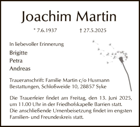 Todesanzeige von Joachim Martin von SYKS
