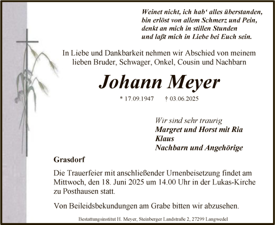 Todesanzeige von Johann Meyer von SYKS