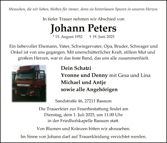 Todesanzeige von Johann Peters von SYKS