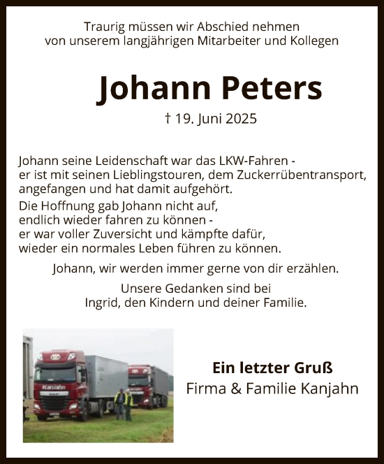 Todesanzeige von Johann Peters von SYKSSYKS