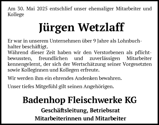 Todesanzeige von Jürgen Wetzlaff von SYKS