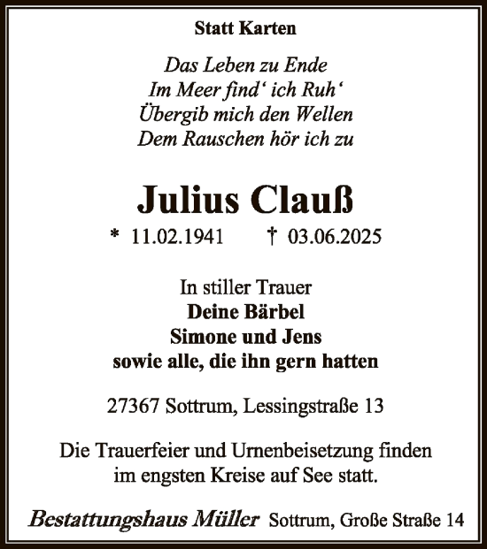 Todesanzeige von Julius Claus von SYKR
