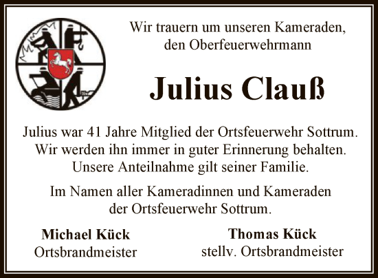 Todesanzeige von Julius Clauß von SYKR