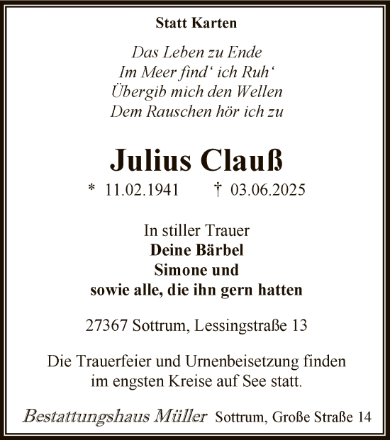 Todesanzeige von Julius Clauß von SYKR