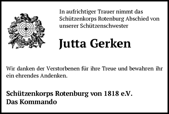 Todesanzeige von Jutta Gerken von SYKR