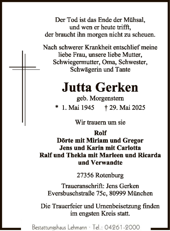 Todesanzeige von Jutta Gerken von SYKR