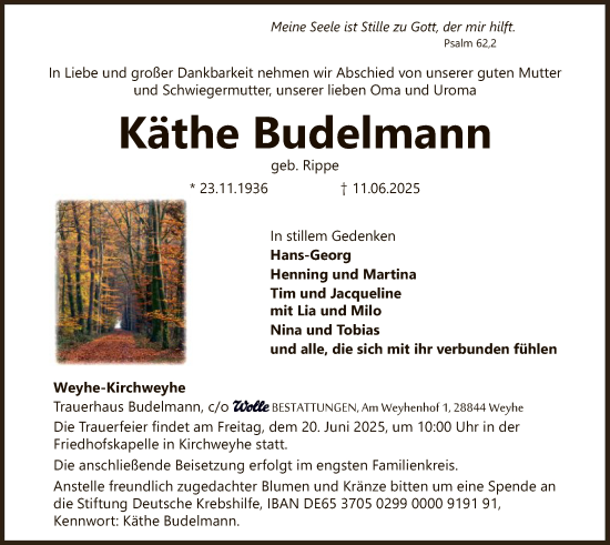 Todesanzeige von Käthe Budelmann von SYKS