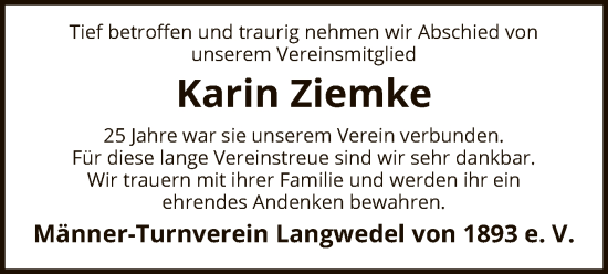 Todesanzeige von Karin Ziemke von SYKS