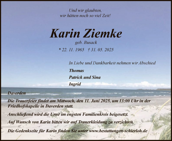 Todesanzeige von Karin Ziemke von SYKS
