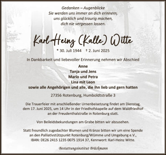 Todesanzeige von Karl-Heinz Witte von SYKR