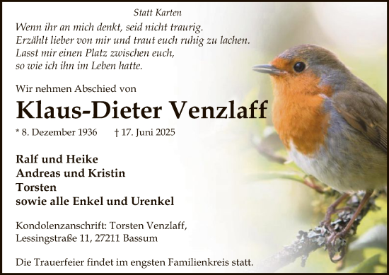 Todesanzeige von Klaus-Dieter Venzlaff von SYKS