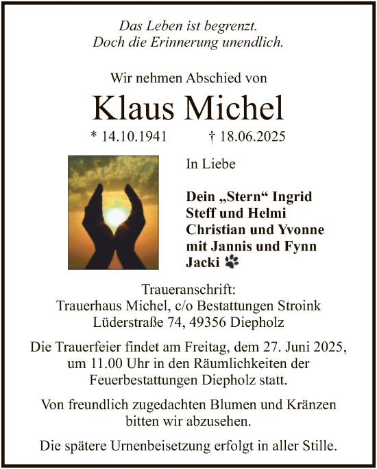Todesanzeige von Klaus Michel von SYKS