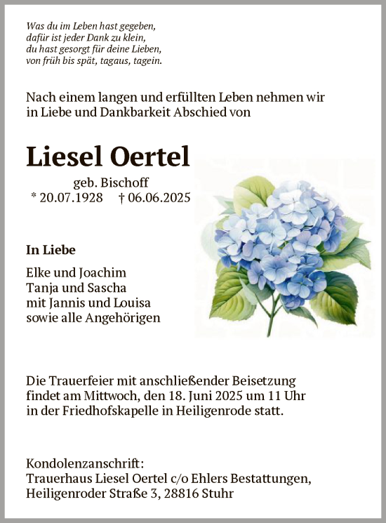 Todesanzeige von Liesel Oertel von SYKS