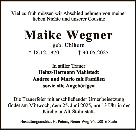 Todesanzeige von Maike Wegner von SYKS
