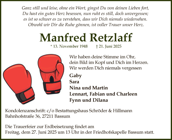 Todesanzeige von Manfred Retzlaff von SYKS