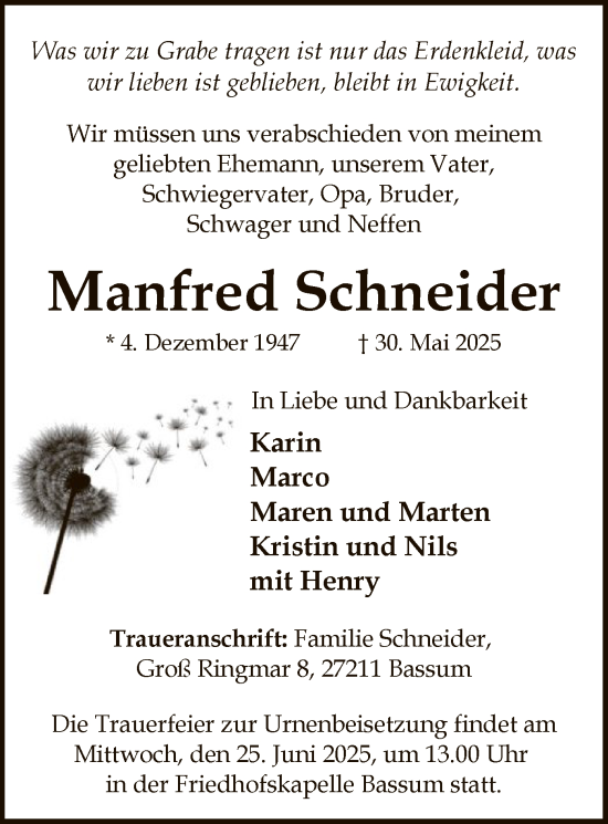Todesanzeige von Manfred Schneider von SYKS