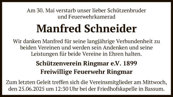 Todesanzeige von Manfred Schneider von SYKS