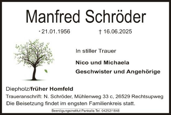 Todesanzeige von Manfred Schröder von SYKS