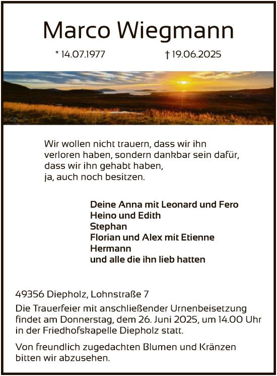 Todesanzeige von Marco Wiegmann von SYKS