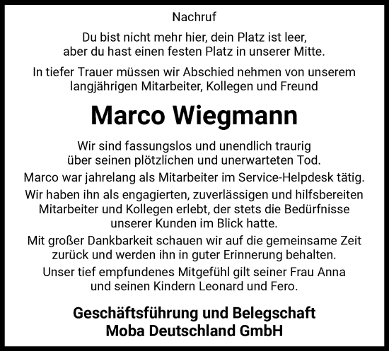 Todesanzeige von Marco Wiegmann von SYKS