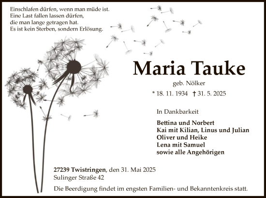 Todesanzeige von Maria Tauke von SYKS