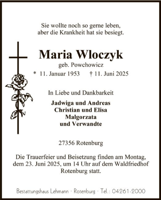 Todesanzeige von Maria Wloczyk von SYKR