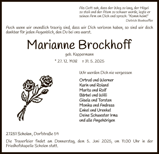 Todesanzeige von Marianne Brockhoff von SYKS