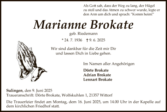 Todesanzeige von Marianne Brokate von SYKS