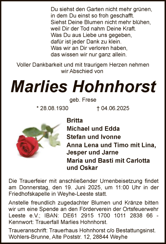 Todesanzeige von Marlies Hohnhorst von SYKS