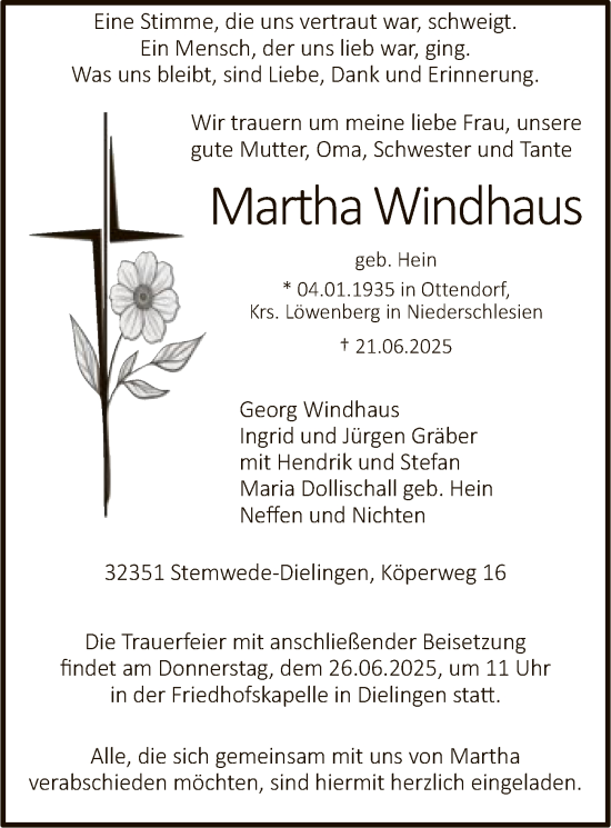 Todesanzeige von Martha Windhaus von SYKS