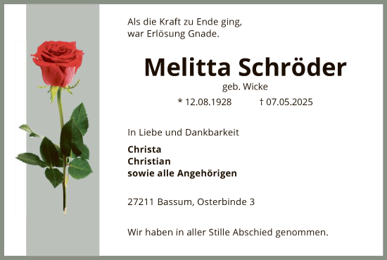 Todesanzeige von Melitta Schröder von SYKS