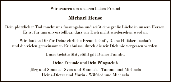 Todesanzeige von Michael Hense von SYWZ