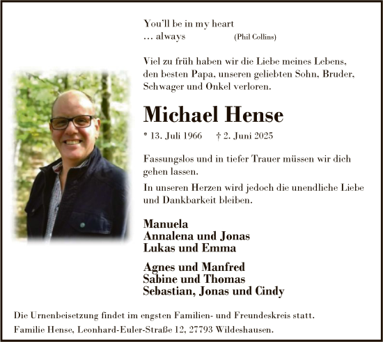 Todesanzeige von Michael Hense von SYWZ