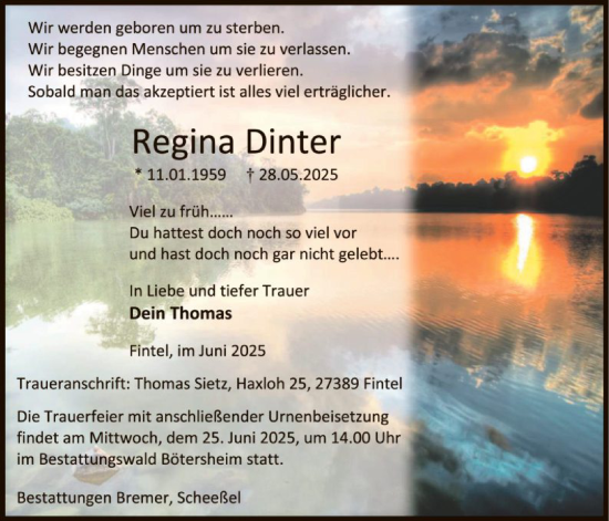 Todesanzeige von Regina Dinter von SYKR