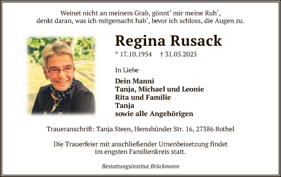 Todesanzeige von Regina Rusack von SYKR